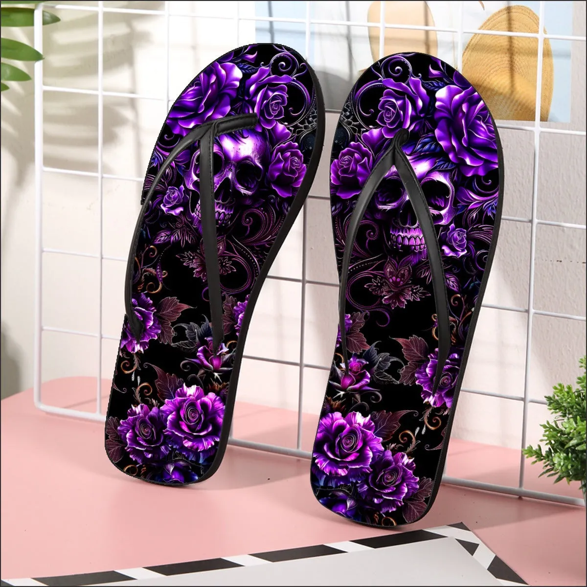 Purple Skull Rose Gothic Flip Flops for Women Beach