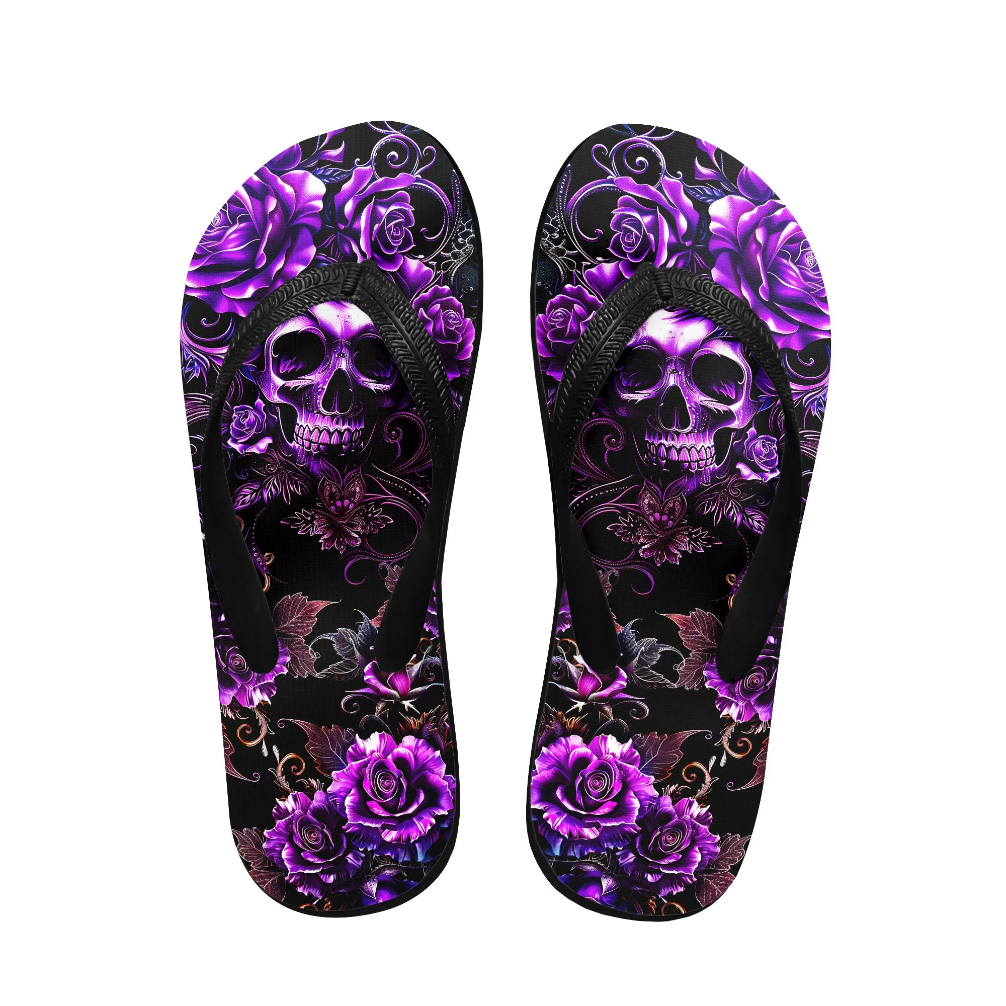 Purple Skull Rose Gothic Flip Flops for Women Beach