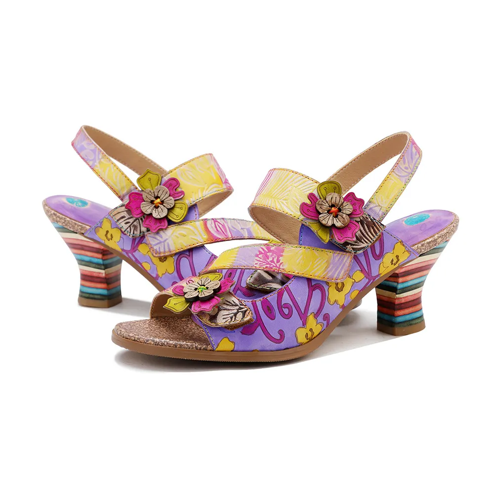 Purple Vintage Floral Printed Heel Sandals