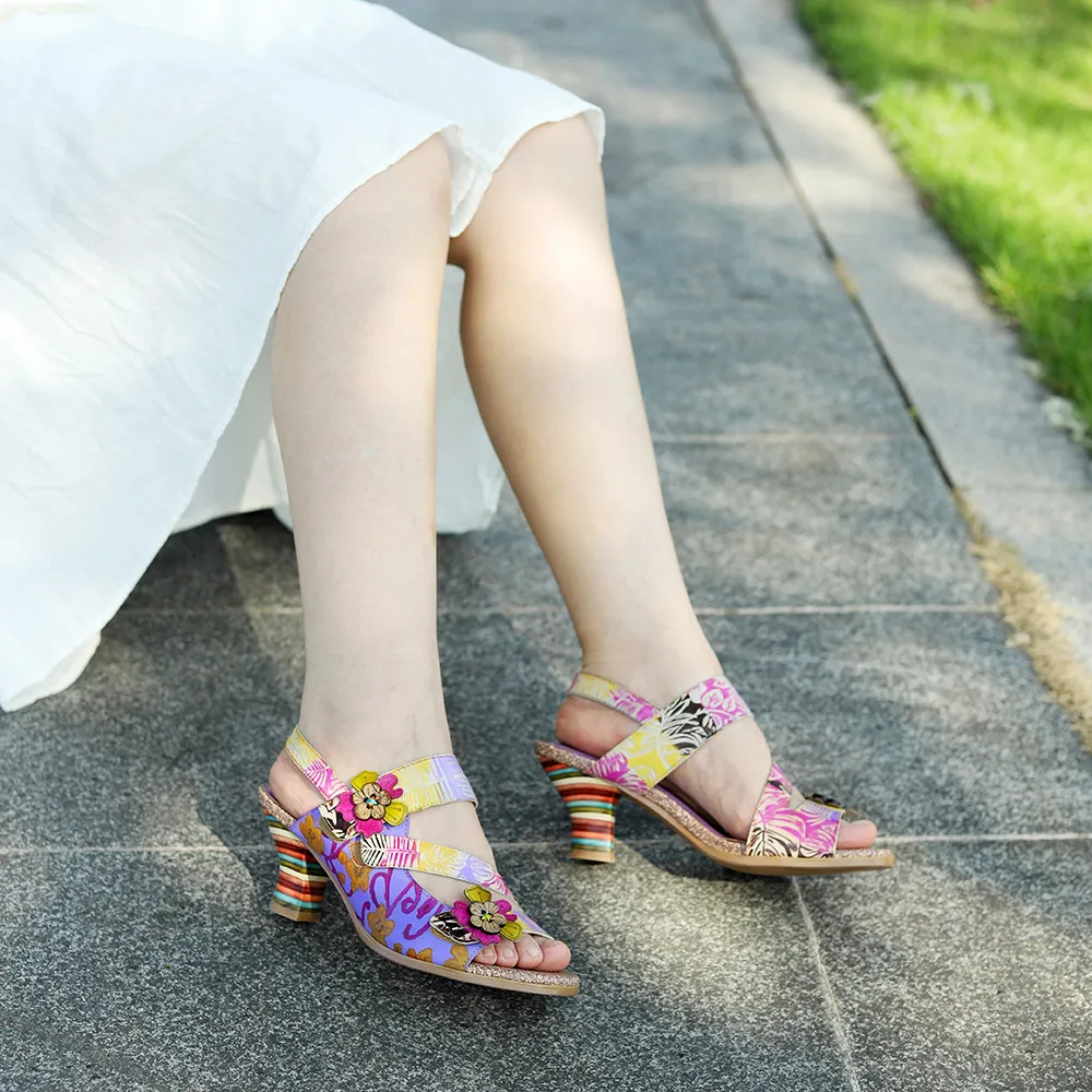 Purple Vintage Floral Printed Heel Sandals