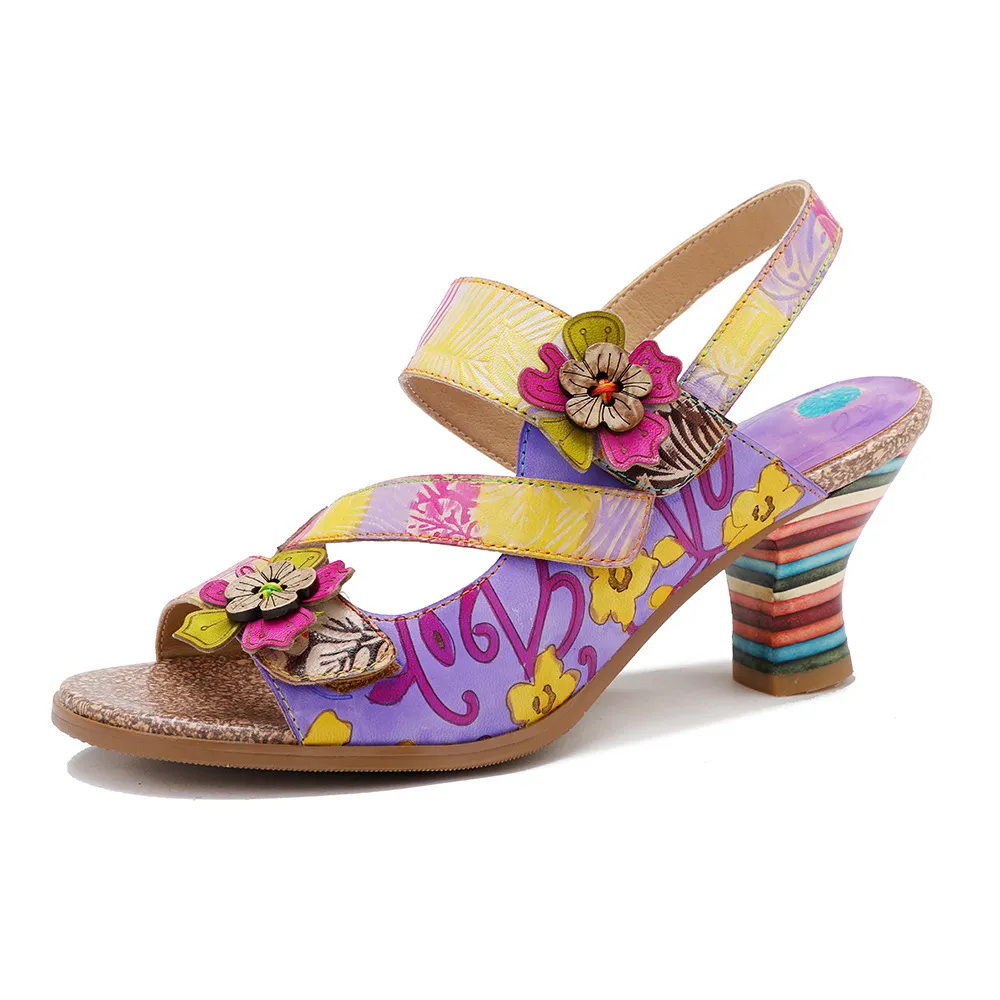 Purple Vintage Floral Printed Heel Sandals