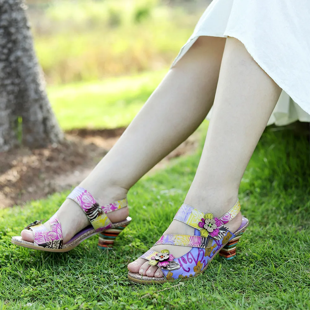 Purple Vintage Floral Printed Heel Sandals