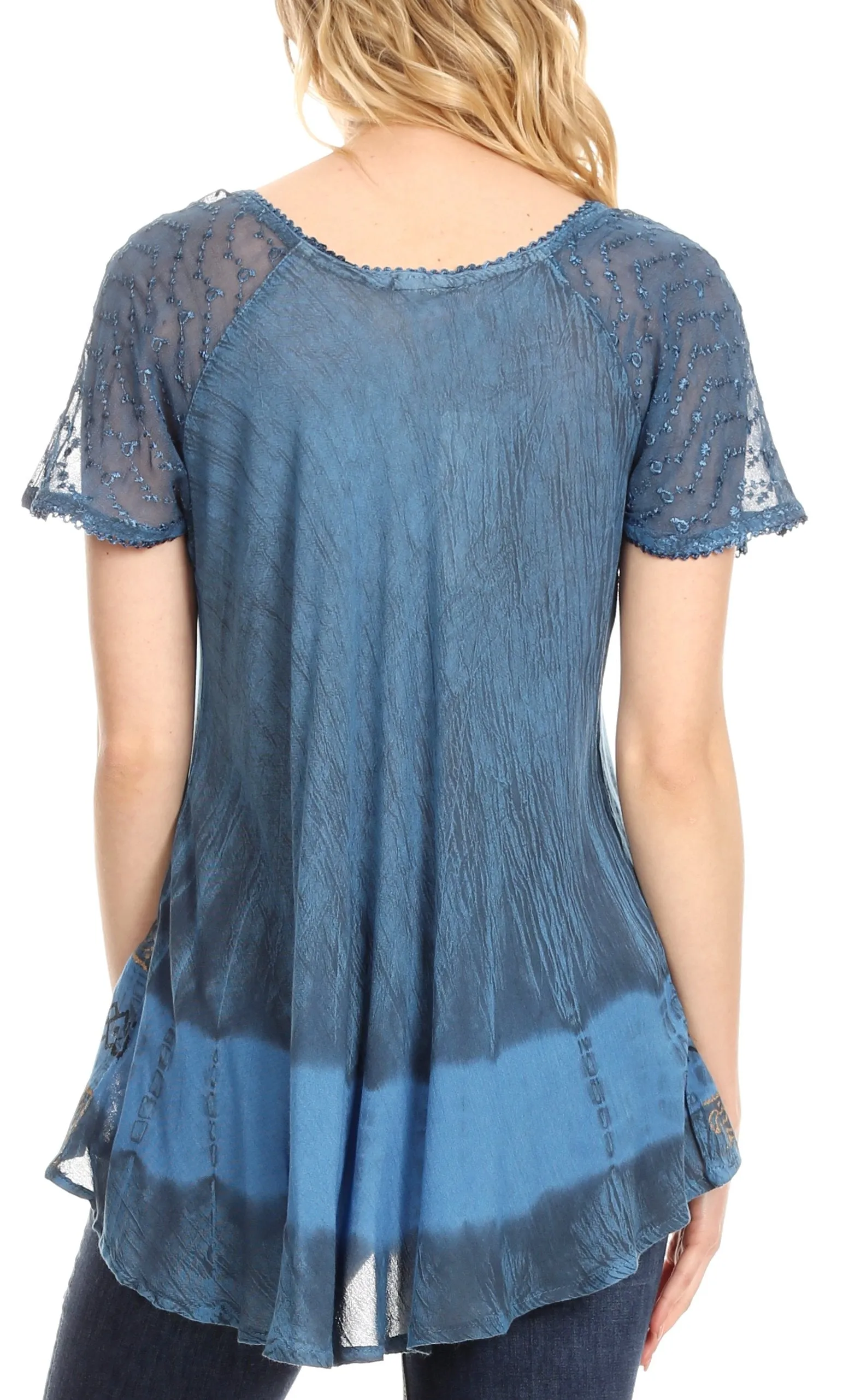 Sakkas Diane Short Sleeve Slim Top Blouse with Sequin Embroidery & Golden Print