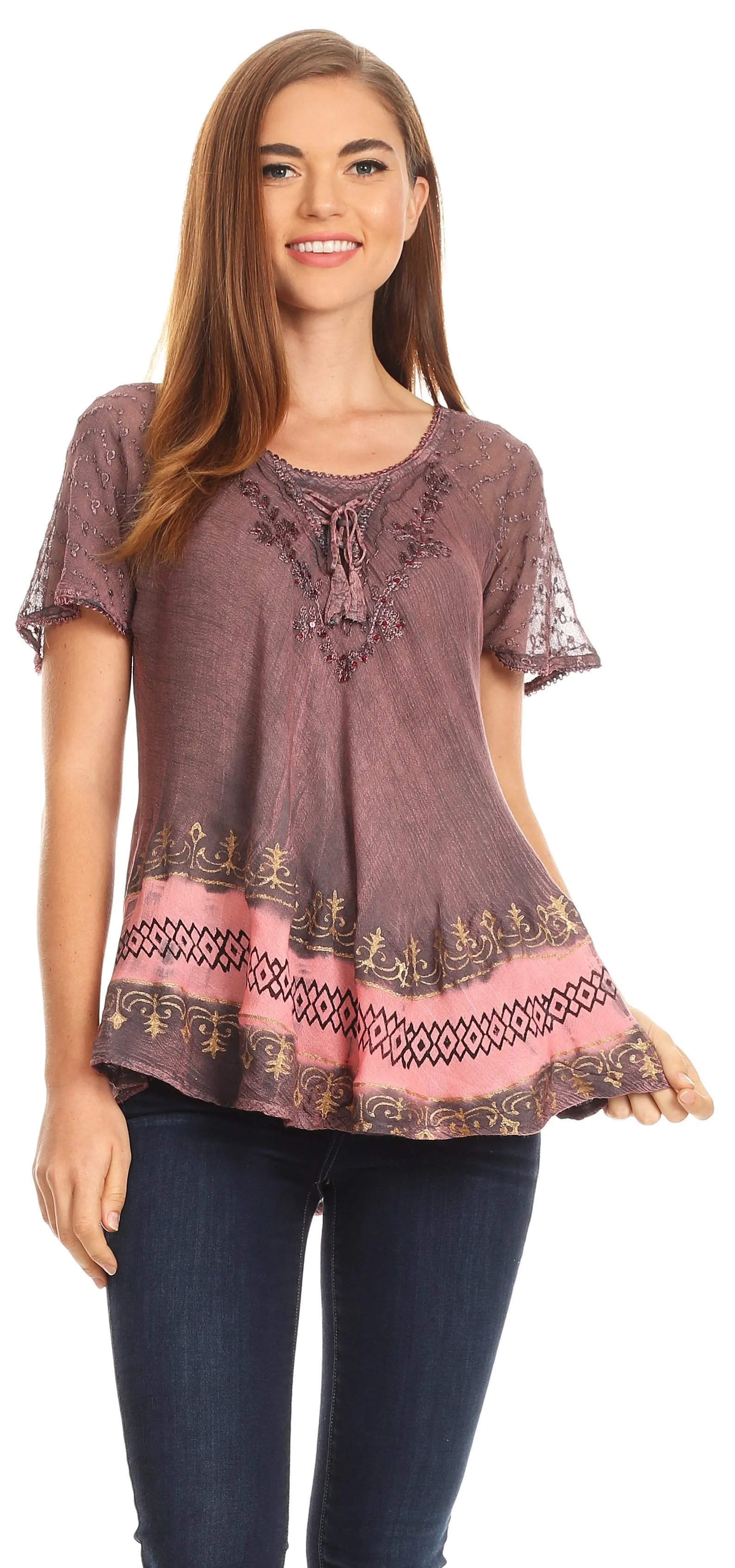 Sakkas Diane Short Sleeve Slim Top Blouse with Sequin Embroidery & Golden Print