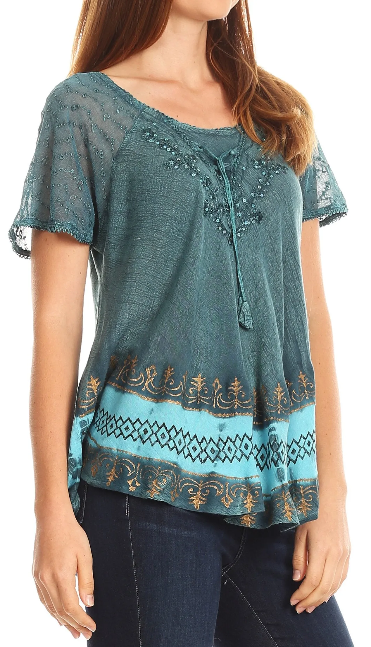 Sakkas Diane Short Sleeve Slim Top Blouse with Sequin Embroidery & Golden Print