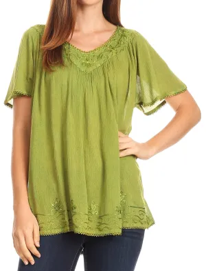 Sakkas Emma Crinkle V-neck Short Sleeve Top Blouse with Embroidery and Sequin