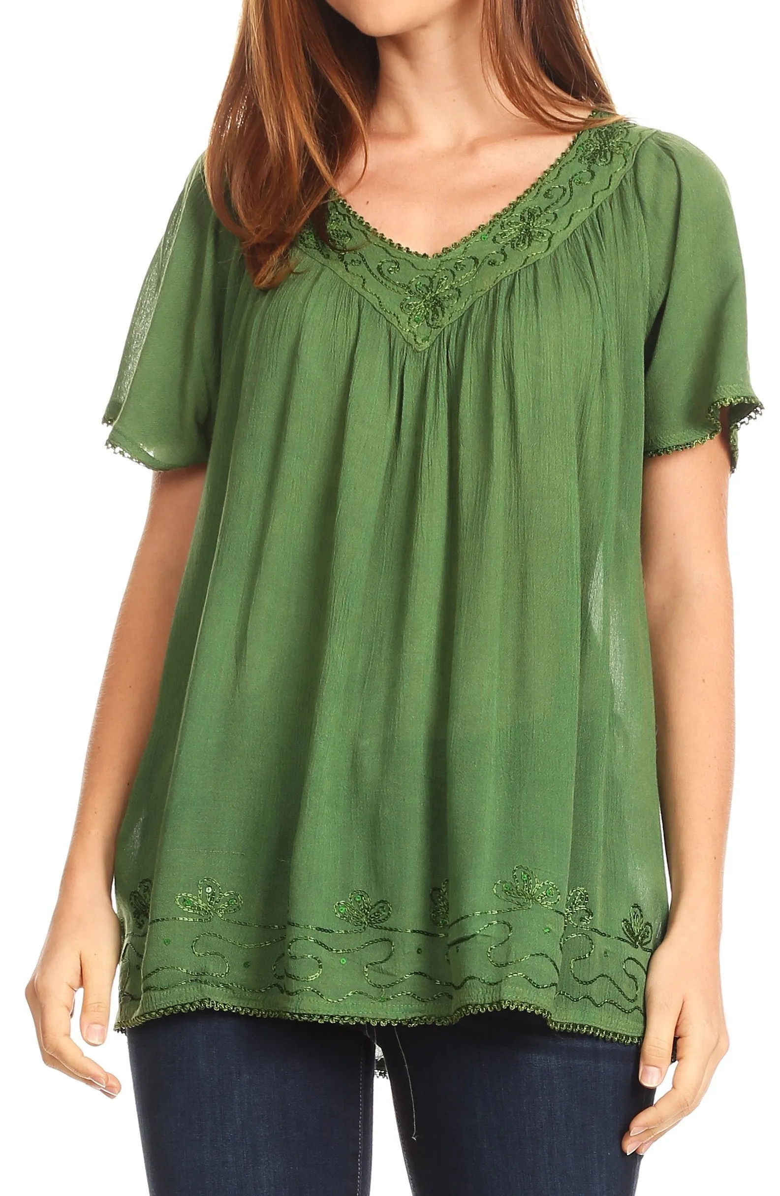 Sakkas Emma Crinkle V-neck Short Sleeve Top Blouse with Embroidery and Sequin