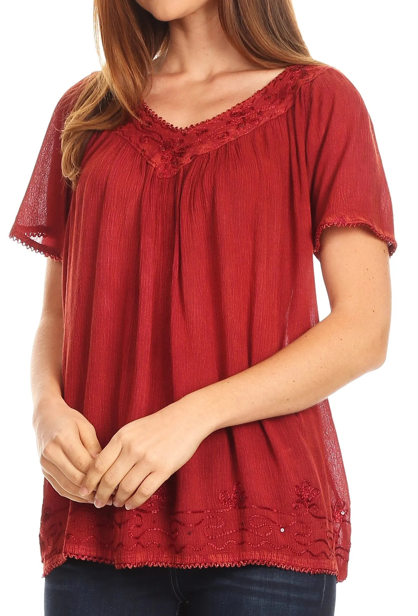 Sakkas Emma Crinkle V-neck Short Sleeve Top Blouse with Embroidery and Sequin