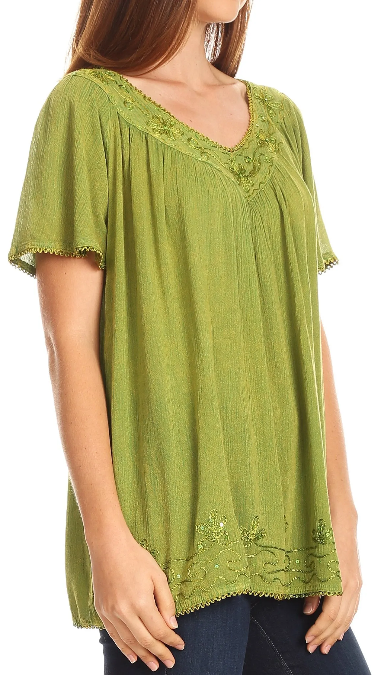 Sakkas Emma Crinkle V-neck Short Sleeve Top Blouse with Embroidery and Sequin