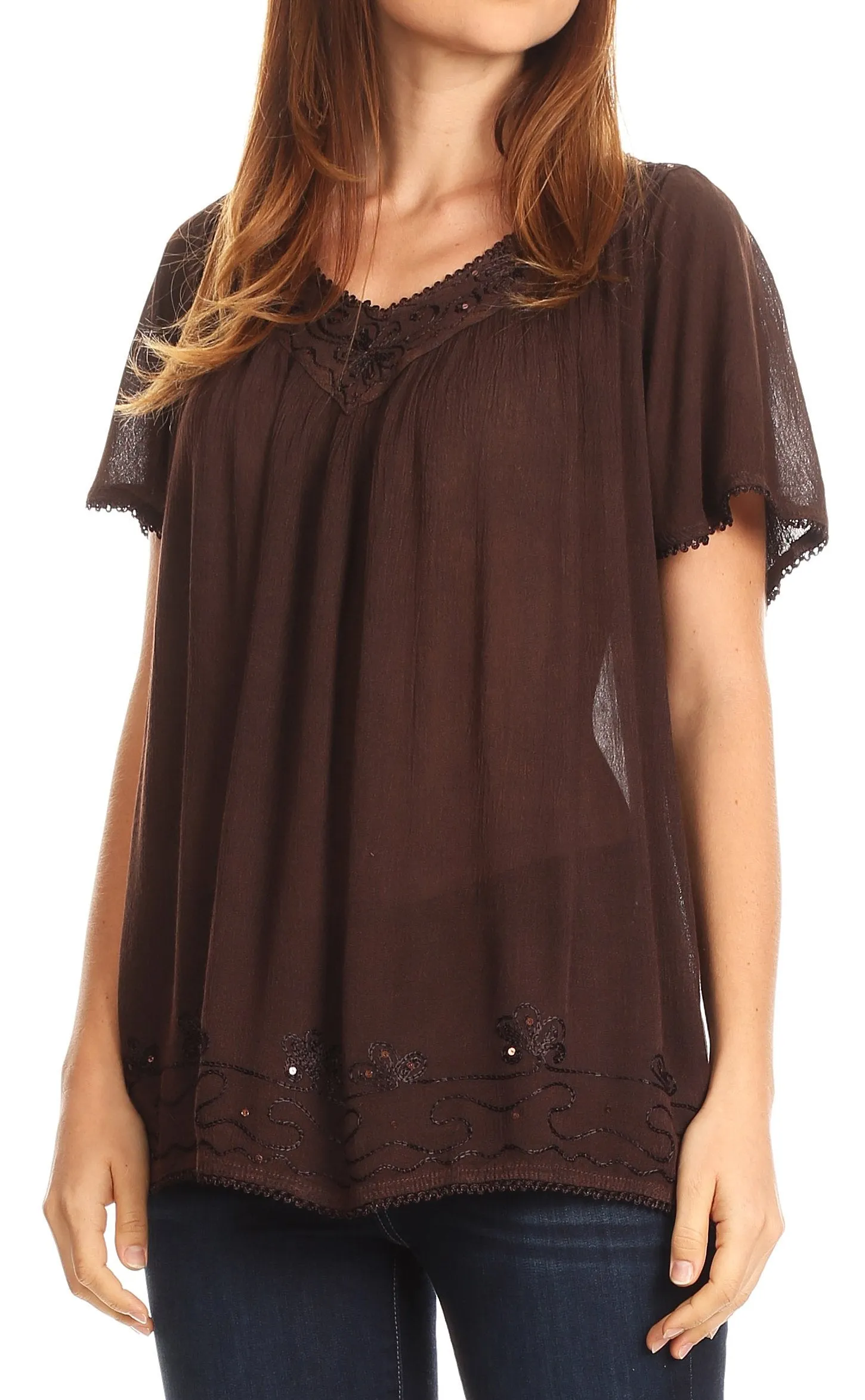 Sakkas Emma Crinkle V-neck Short Sleeve Top Blouse with Embroidery and Sequin