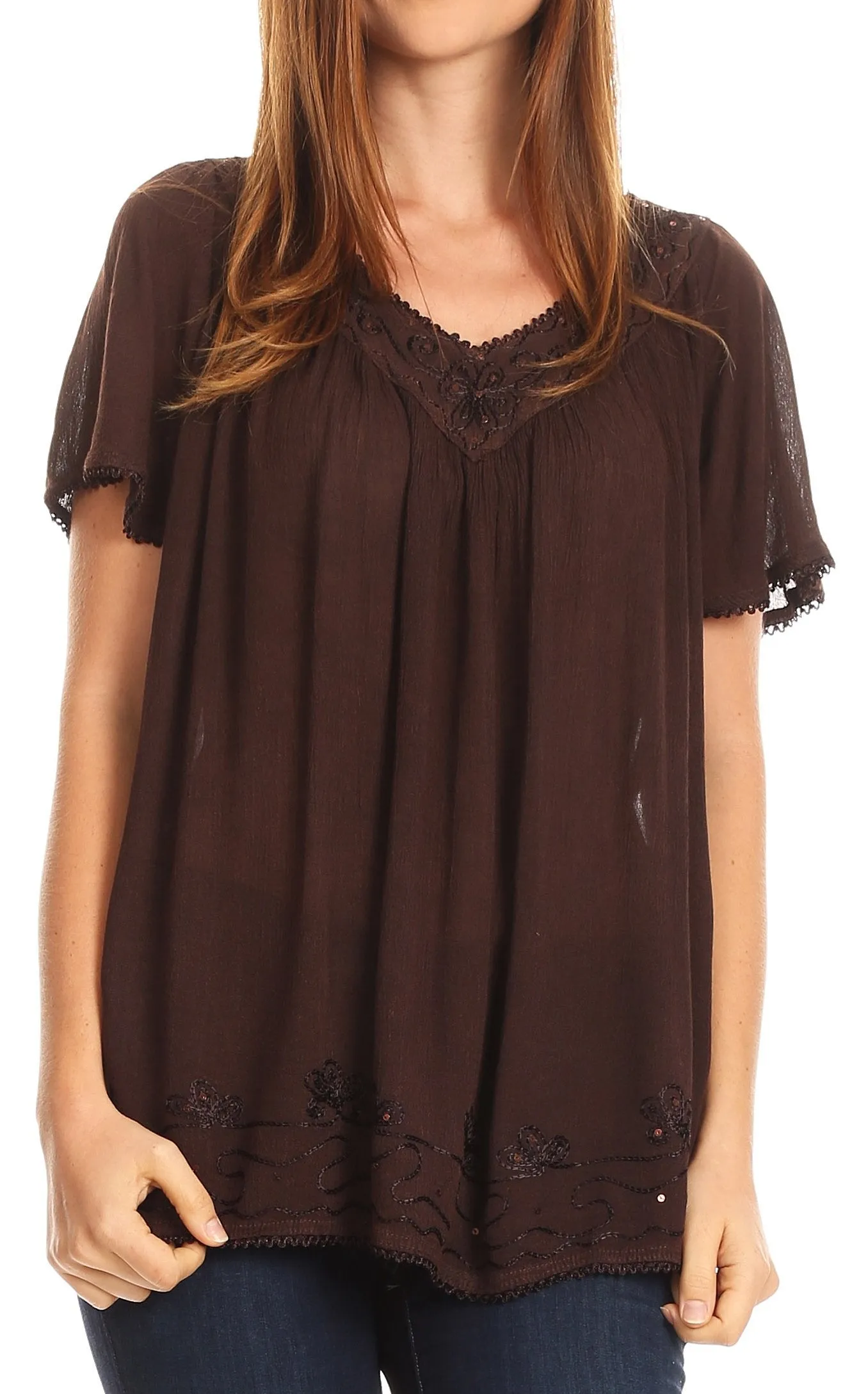 Sakkas Emma Crinkle V-neck Short Sleeve Top Blouse with Embroidery and Sequin