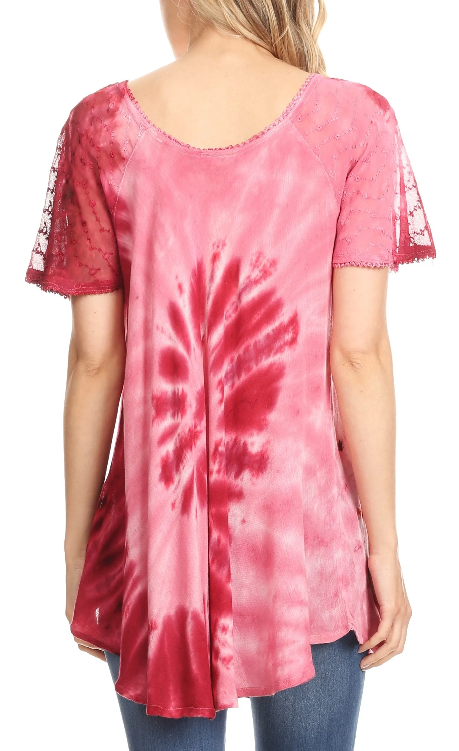 Sakkas Hira Women Short Sleeve Eyelet Lace Blouse Top in Tie-dye with Corset Flowy