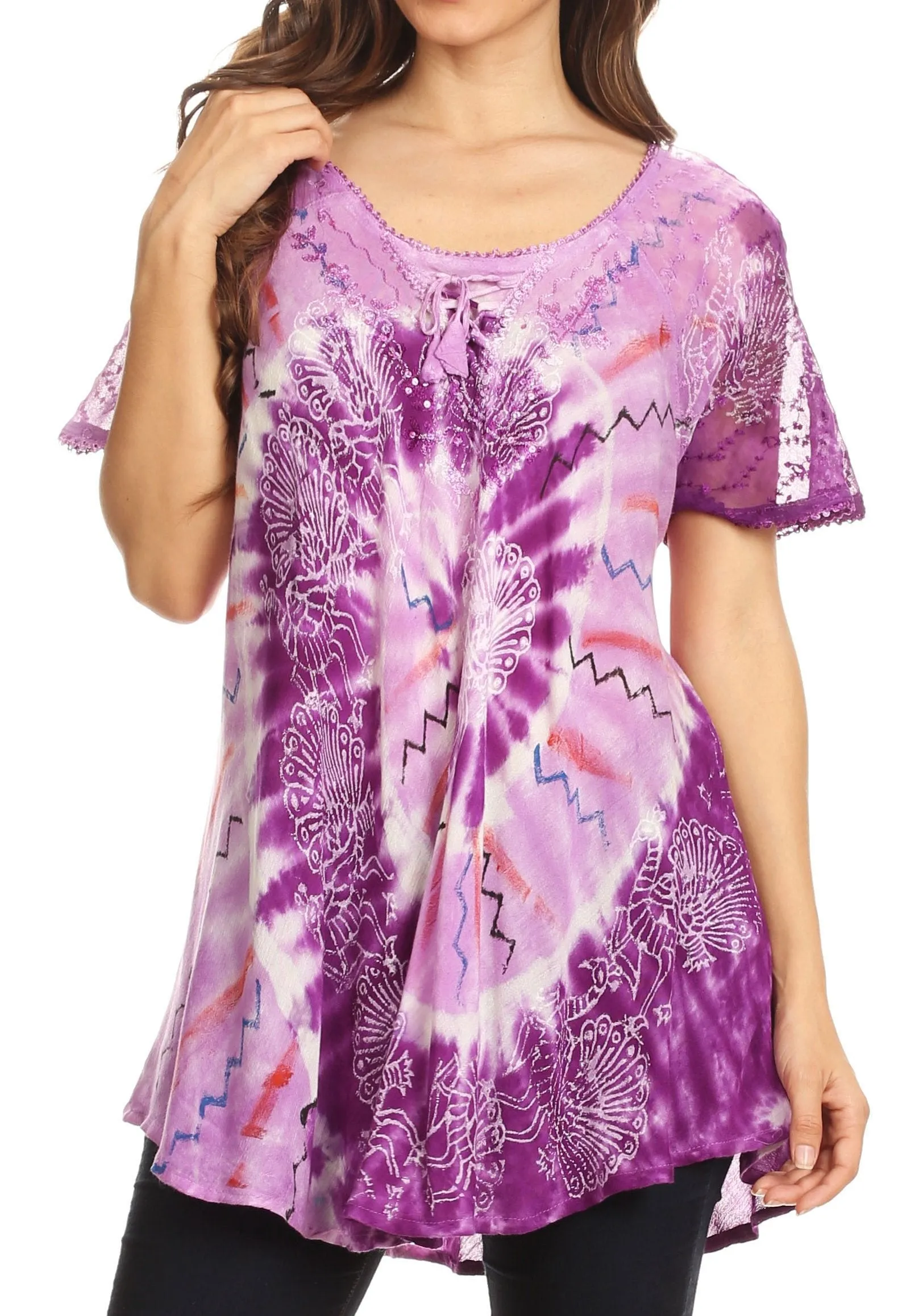 Sakkas Hira Women Short Sleeve Eyelet Lace Blouse Top in Tie-dye with Corset Flowy