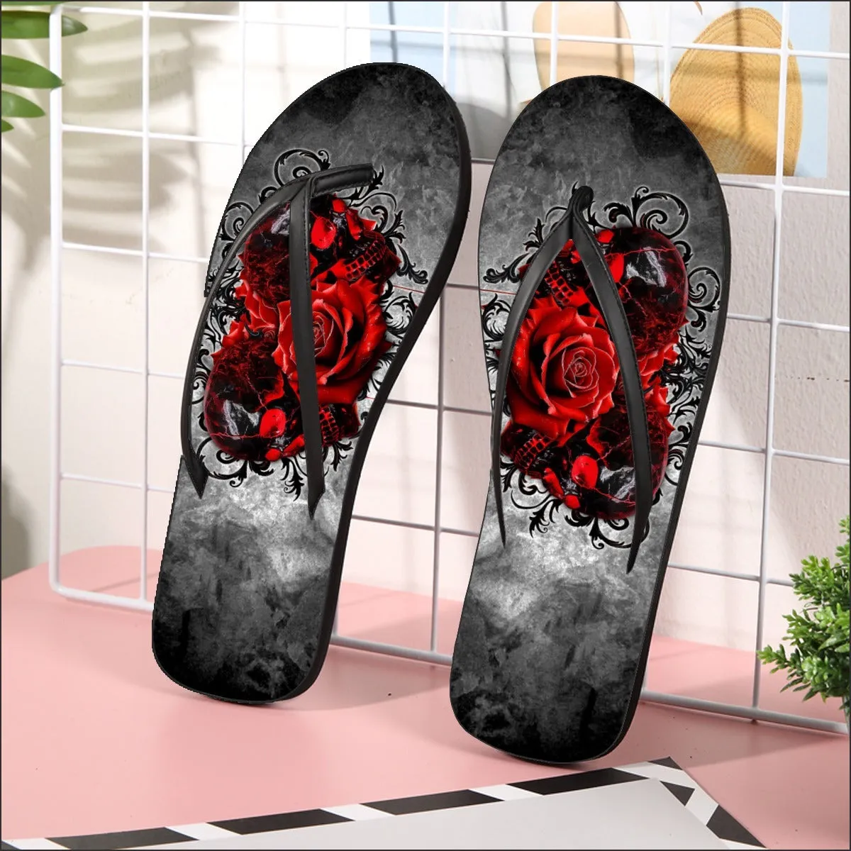 Skull Art Gothic Flip Flops for Women Beach