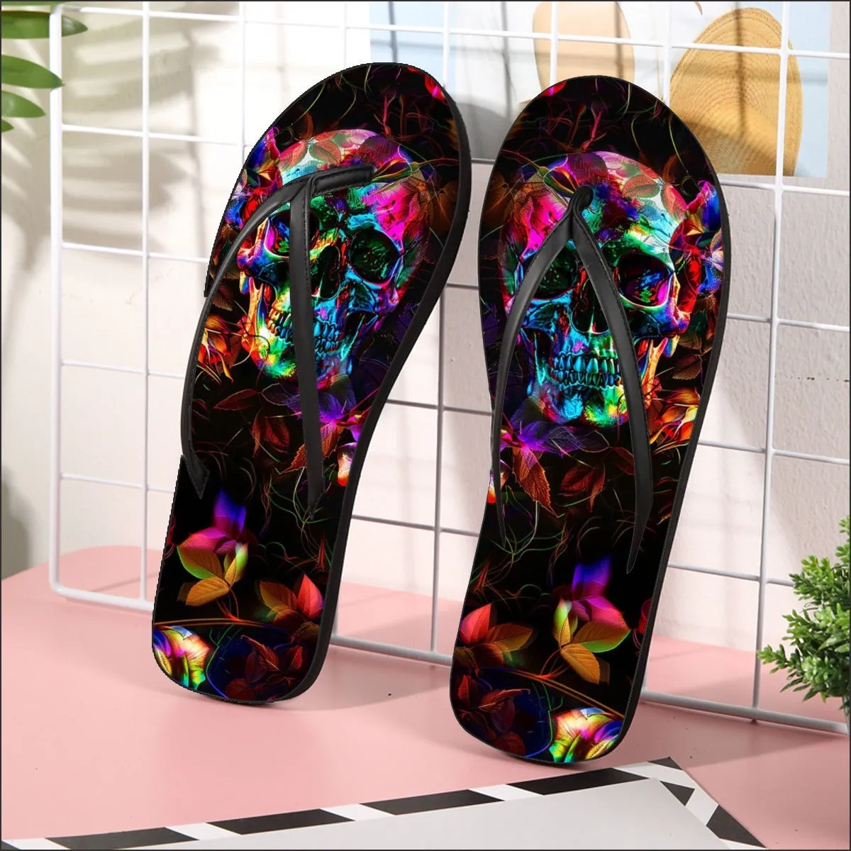 Skull Color Abstract Flip Flops for Women Beach