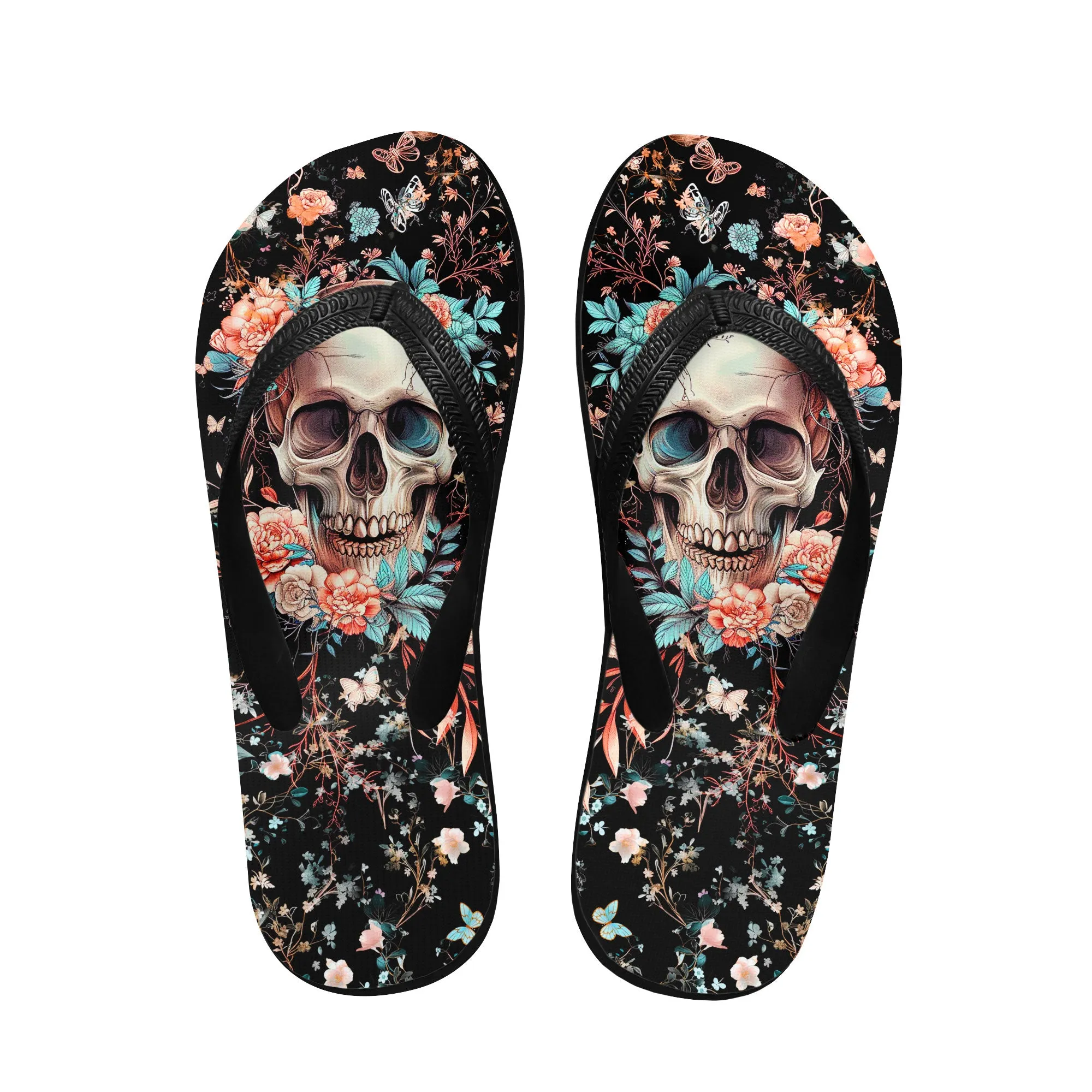 Skull Floral Art Flip Flops for Women Beach