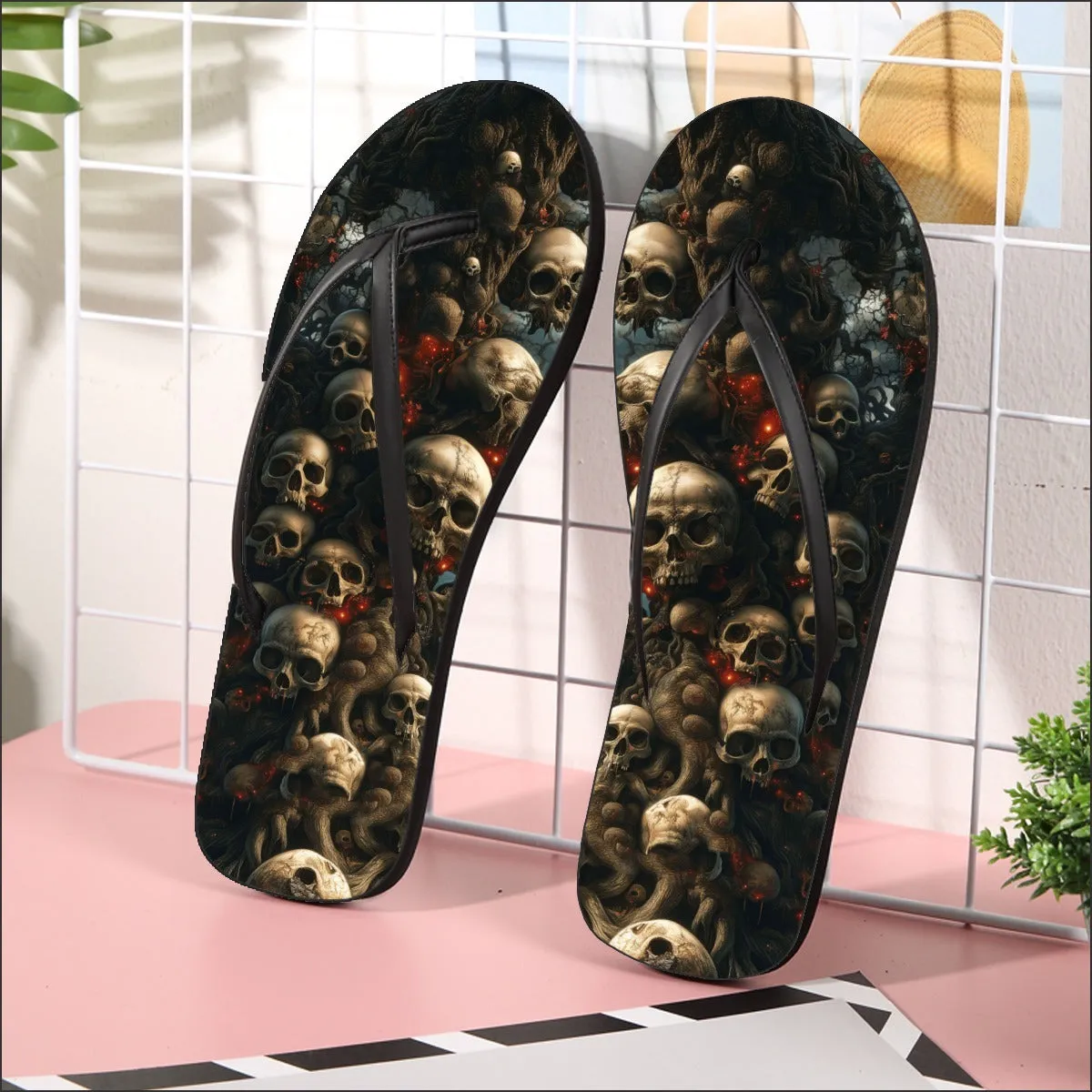 Skull Gothic Art Flip Flops for Women Beach