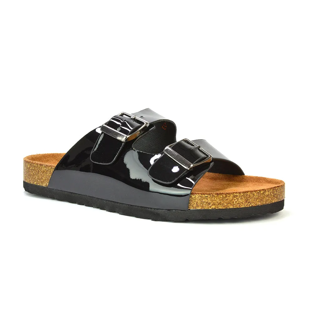 Star Double Buckle Strap Flat Slider Casual Footbed Summer Mule Sandals in Black Patent