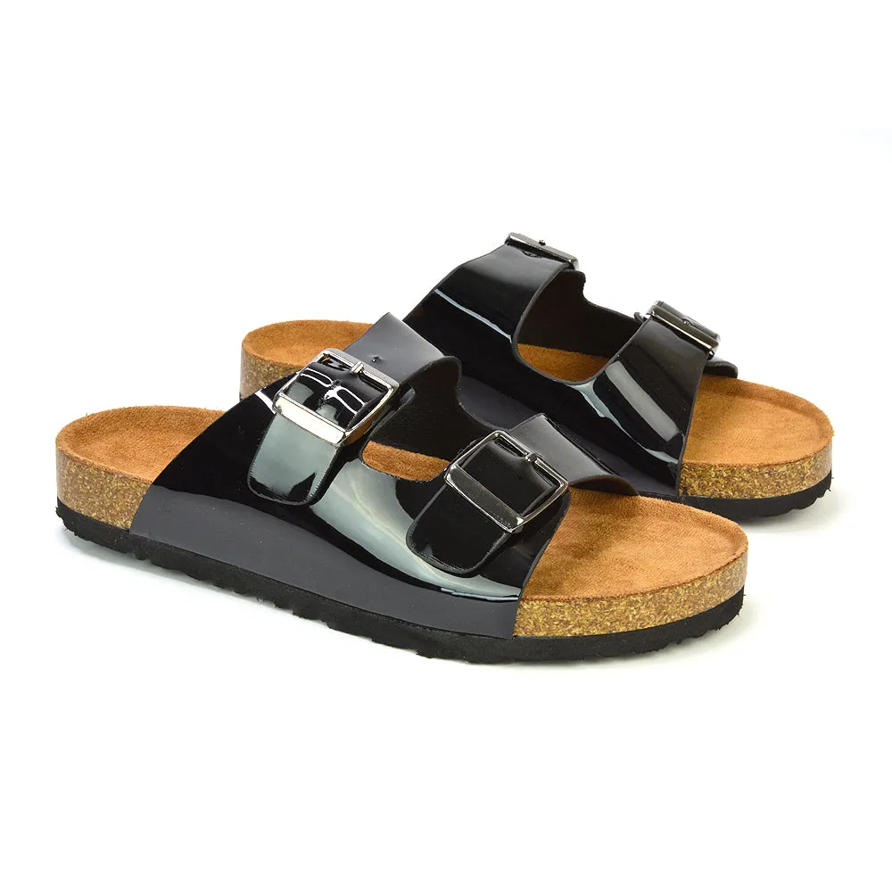 Star Double Buckle Strap Flat Slider Casual Footbed Summer Mule Sandals in Black Patent