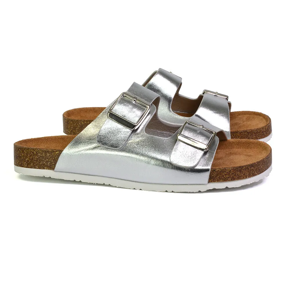 Star Double Buckle Strap Flat Slider Casual Footbed Summer Mule Sandals in Black Patent