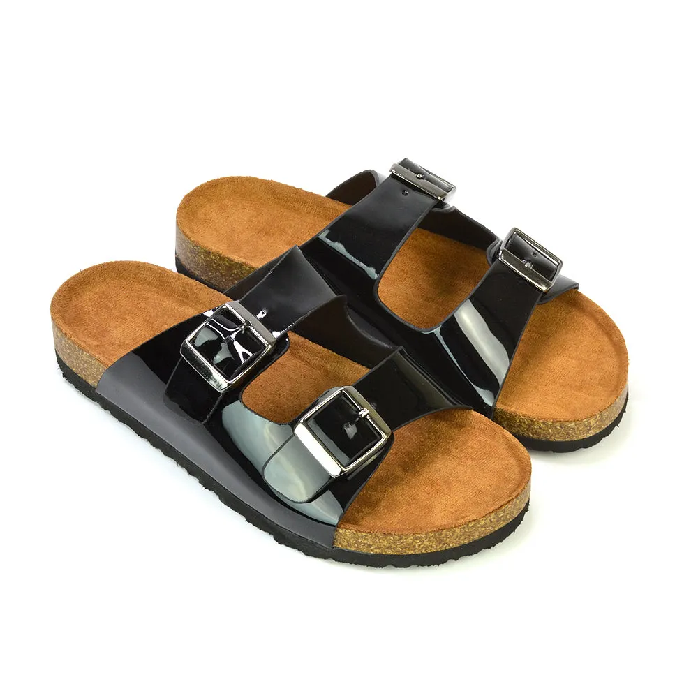 Star Double Buckle Strap Flat Slider Casual Footbed Summer Mule Sandals in Black Patent