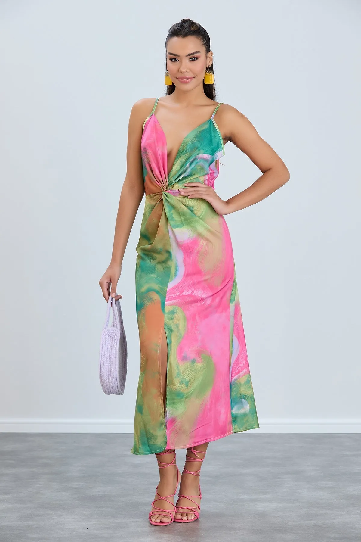 Twist Satin Slip Cami Midi Dress in Ocean Fuchsia print