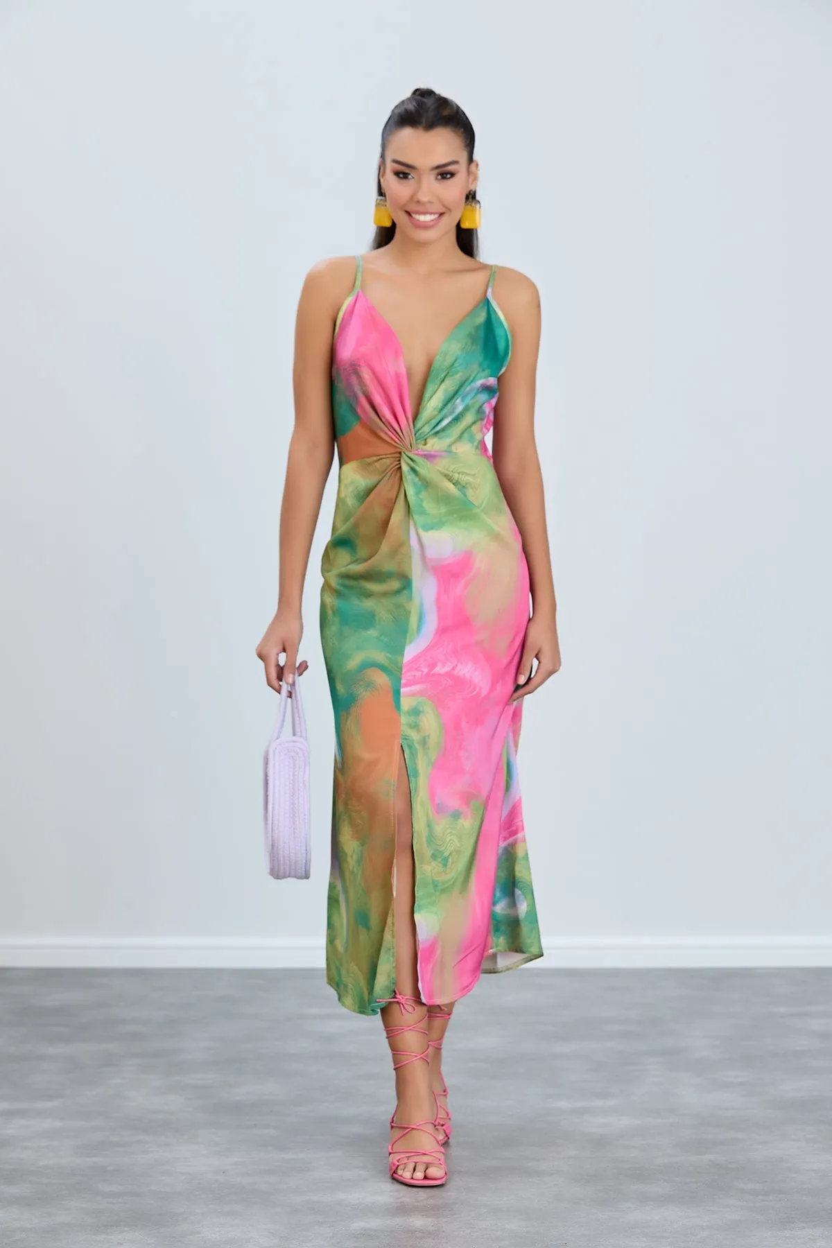 Twist Satin Slip Cami Midi Dress in Ocean Fuchsia print