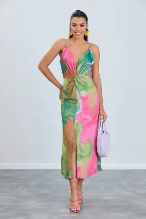 Twist Satin Slip Cami Midi Dress in Ocean Fuchsia print