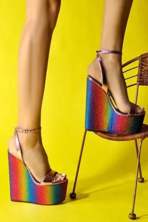 Wedge High Heel Metallic Platform Sandals