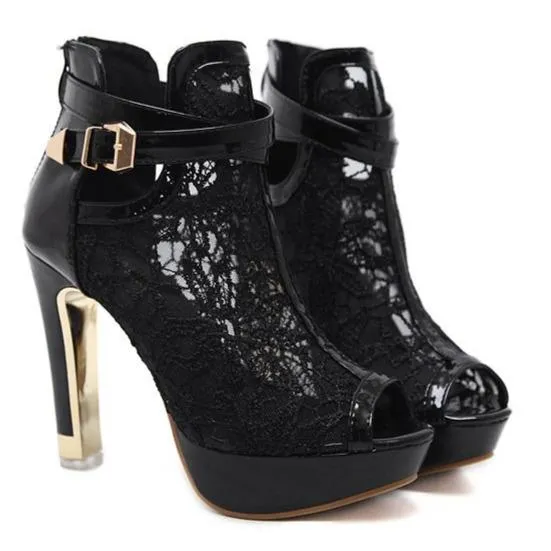 Women hollow floral lace peep toe platform buckle strap high heels