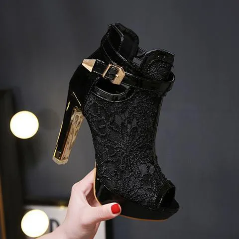 Women hollow floral lace peep toe platform buckle strap high heels