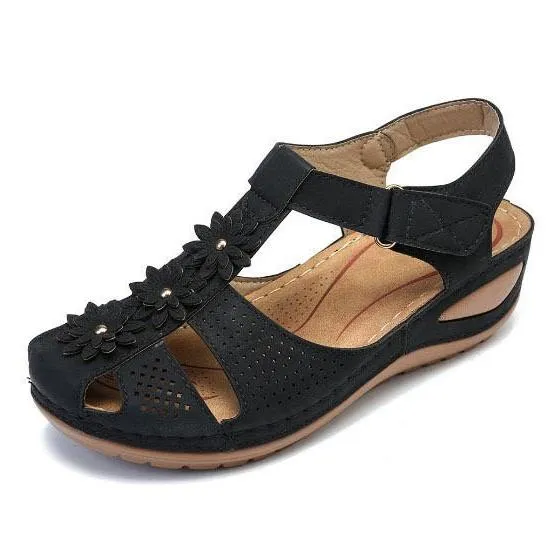 Women's vintage closed toe low wedge buckle strap hollow sandals