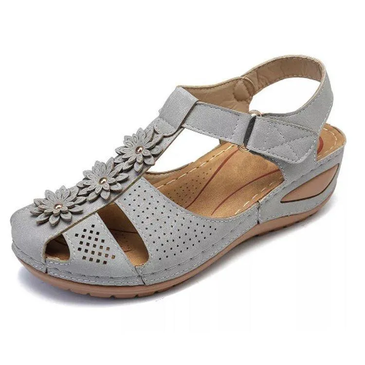 Women's vintage closed toe low wedge buckle strap hollow sandals