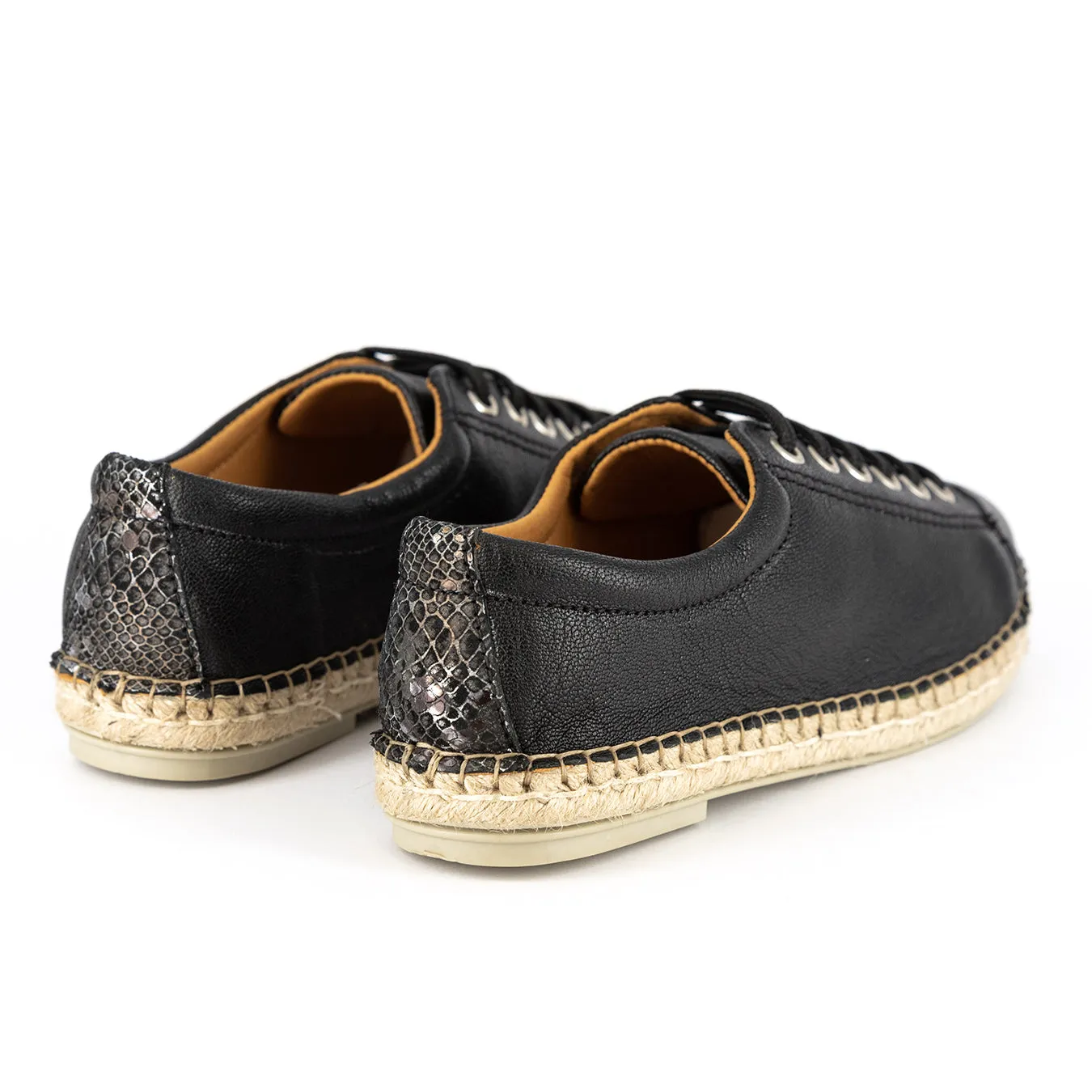 Yebo : Ladies Leather Espadrille Sneaker in Black Cayak & Nero Rockafella