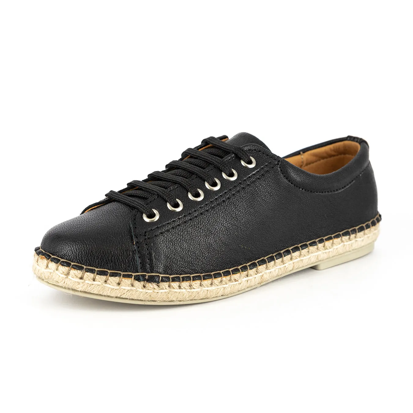 Yebo : Ladies Leather Espadrille Sneaker in Black Cayak & Nero Rockafella